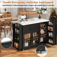 Mobile Kitchen Island With Foldable Work Surface, Kitchen Trolley, 5 Wheels, Multiple Storage Solutions, Spice Rack, Cutlery Drawer, 120 X 45 (70) X 90 Cm - 黑色 - 查看 6