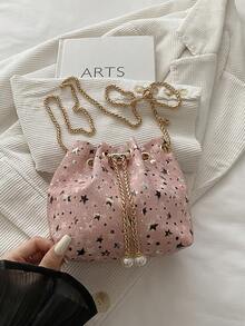 Mini New Fashion Straw Woven Gold Chain Drawstring Bucket Bag Beach Bag - Pink - View 6