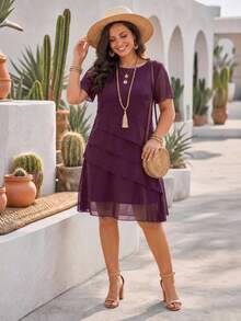 Summer New Women's Elegant Casual Chiffon Dress, Solid Color Short Sleeve Round Neck Flowy Ruffle Hem Loose Straight Dress, Suitable For Commuting And Office - Purple - View 2