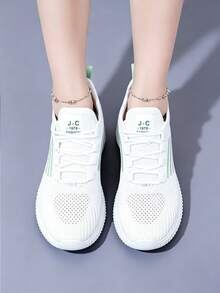 Spring/Summer Striped Breathable Mesh Women's Sports Shoes, Lightweight Soft-Sole White Sneakers, Versatile Casual Running Shoes For Daily Commute - Green - View 4