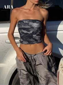 Top de tirantes finos con camuflaje y pedrería para mujer ARA CHIC, bustier corto sin mangas, camisola estilo callejero Y2K de verano - Verde militar - Ver 2