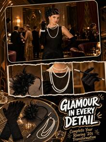 4pcs 1920s Flapper Costume Accessory Set, Includes Sequin Headband, Long Gloves, Prop Cigarette Holder And Multi-Layer Faux Pearl Necklace, Suitable For Vintage Theme Parties And Cosplay,Party - Multicolor - View 2