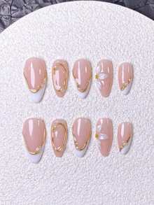 10pcs Handmade Press-On Nails Short Almond Shape French Manicure Nail Tips Gold Pink White Cute Elegant Luxury Style Hand-Painted White Three-Petal Flower And Asymmetrical Metallic French Edge - Watermelon Pink - View 3
