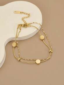 1pc Minimalist Fashion Round Geometric Double Layer Stainless Steel Women's Bracelet, Stainless Steel Jewelry, Gold Jewelry, Summer, Beach, Vacation Jewelry, Charm, Pride, Western Jewelry, Gift For Women, Gift, Birthday Gift - Yellow Gold - View 1