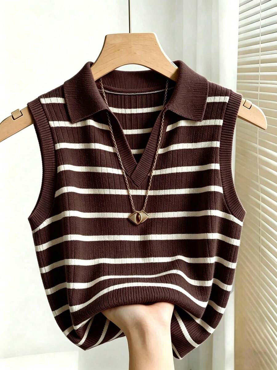 Camiseta de tirantes de punto con cuello y rayas elegante y casual para mujer - Óxido marrón - Ver 1