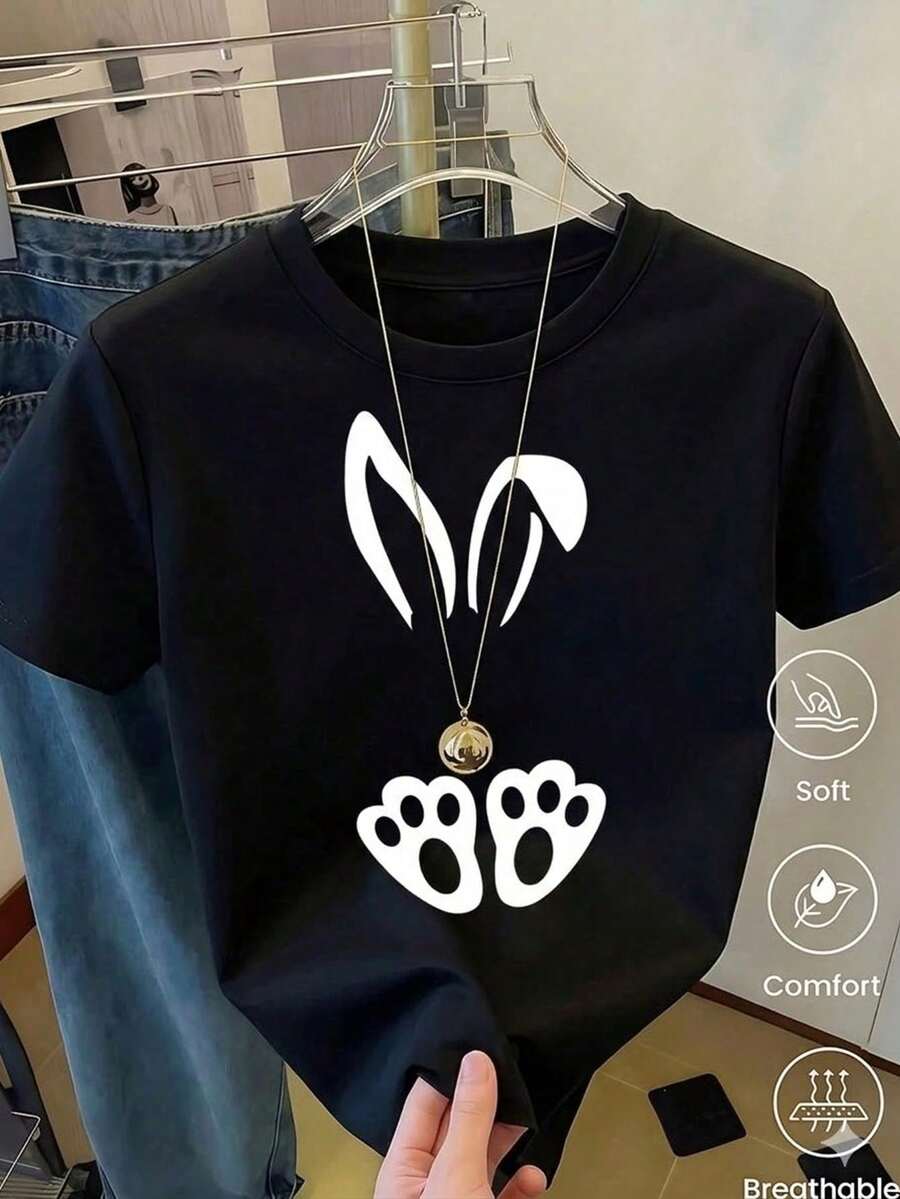 Women's White T-Shirt With Rabbit Ears And Paws In Leopard Print, Fashionable Animal Print T-Shirt, Casual Summer Blouse With Cute Bunny Design, Aesthetic And Fun Top - 軍綠色 - 查看 1