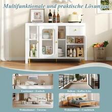Moderner weißer Buffet-Sideboard mit klappbarer und ausziehbarer Tischplatte, drehbarer Oberfläche, goldenen Metallbeinen, Glasschiebetüren und Wellenmuster – Perfekt für Esszimmer und Küche - Weiss - Übersicht 4