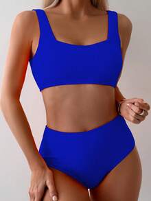 Wireless Bikini Set, Jacquard Pattern, Square Neck, Special Fabric, Suitable For Summer Swimming Beach Wear Vacation - Blue - View 3