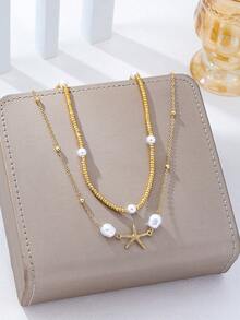 2pcs Fashionable Minimalist Sexy Metal Starfish Double Layer Chain Waist Chain, Suitable For Daily And Vacation Wear - Yellow Gold - View 4