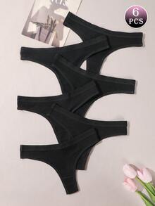 6pcs/Set Ribbed Comfortable G-String T-Back Seamless Thong Panties, Sexy Comfortable Triangle Briefs For Women - Black - View 6
