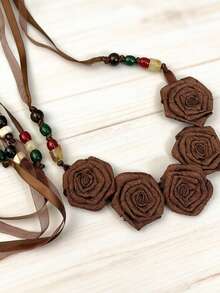 1pc Women's Bohemian Floral Waist Belt, Brown Fabric Rose With Colorful Beaded Ribbon Tie, Adjustable Waist Chain, Suitable For Daily And Party Wear - Multicolor - View 2
