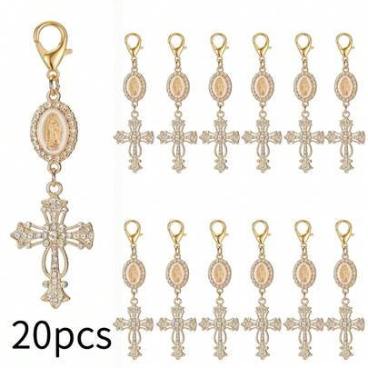 20 peças Pingente de Chaveiro Cruz com Pérola Dourada e Strass, Enfeite Religioso para Mala, Adequado para Batismo, Primeira Comunhão e Lembranças de Casamento