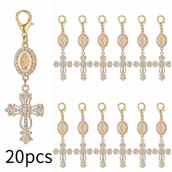 20 piezas de dijes de llavero de cruz con perlas y cristales dorados, dijes de cruz religiosa para bolso para bautizo, primera comunión, recuerdos de boda