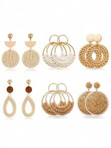 Xiacheng 2/3/6 Pairs Women's Woven Rattan Raffia Earrings Set, Bohemian Style Summer Beach Vacation Party Jewelry, Lightweight Pendant Suitable For Daily Wear - Multicolor - View 13