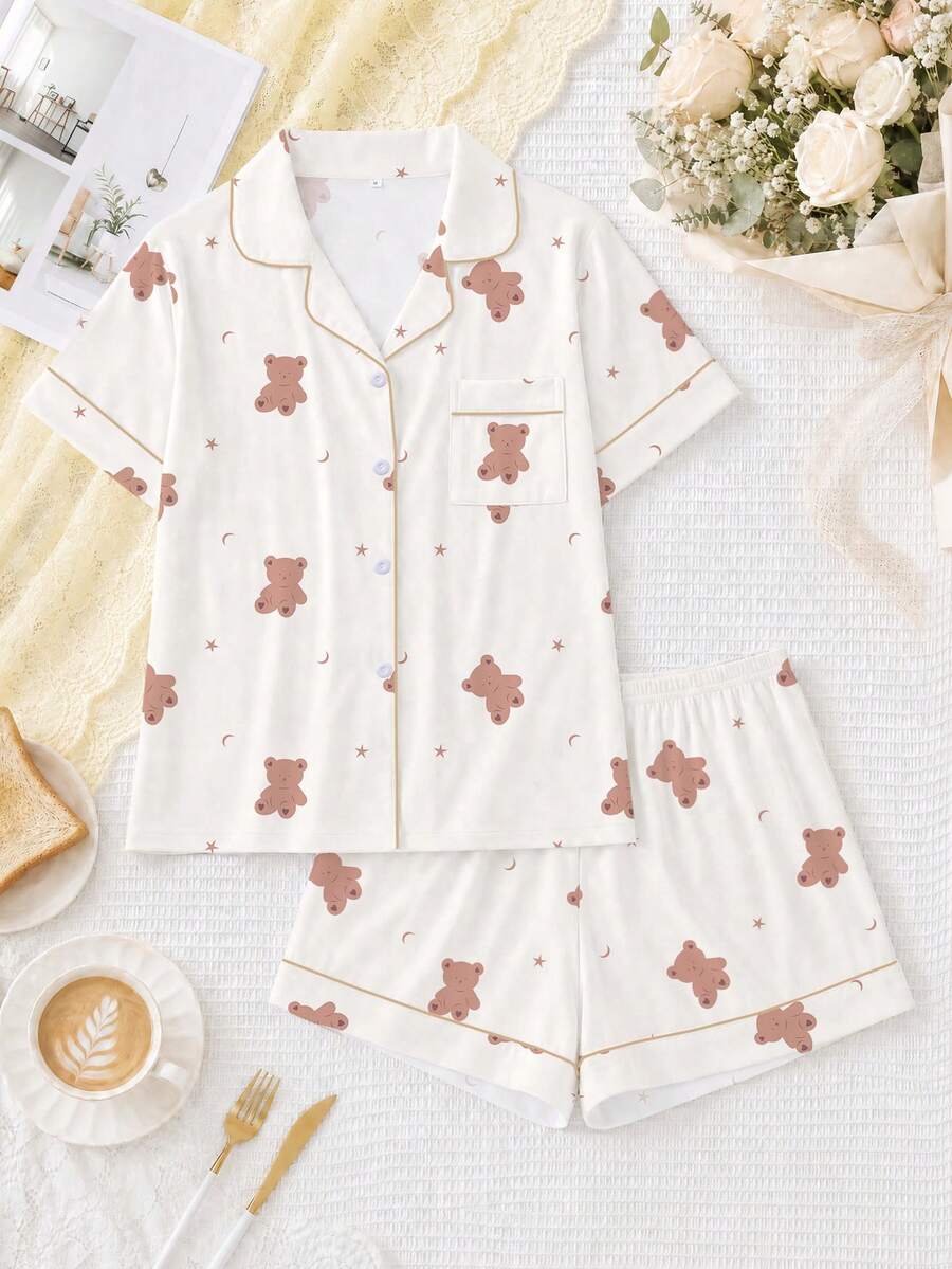 2件組女款睡衣套裝,熊圖案,女款居家服,春夏度假穿搭,短袖上衣與短褲套裝 - 白色 - 查看 1