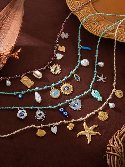 1pc Summer Woven Rope Ocean Necklace, Fresh Bohemian Style, Drip Oil Craft, 14K Gold Plated Copper Material, Copper Jewelry, Suitable For Wives And Mothers To Wear, Easy To Match With Girls' Daily Outfits, Beach Vacation Parties, Music Festivals, Travel And Sightseeing Occasions, Charming Women's Jewelry, Women's Bracelet, Small Accessories.