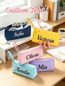 Estuche de lápices de unicolor con nombre personalizado impreso, bolsa de lápices portátil con nombre personalizado, bolsa de papelería de varios compartimentos de color macaron, adecuada para estudiantes para uso diario de vuelta a la escuela - Multicolor - Ver 3