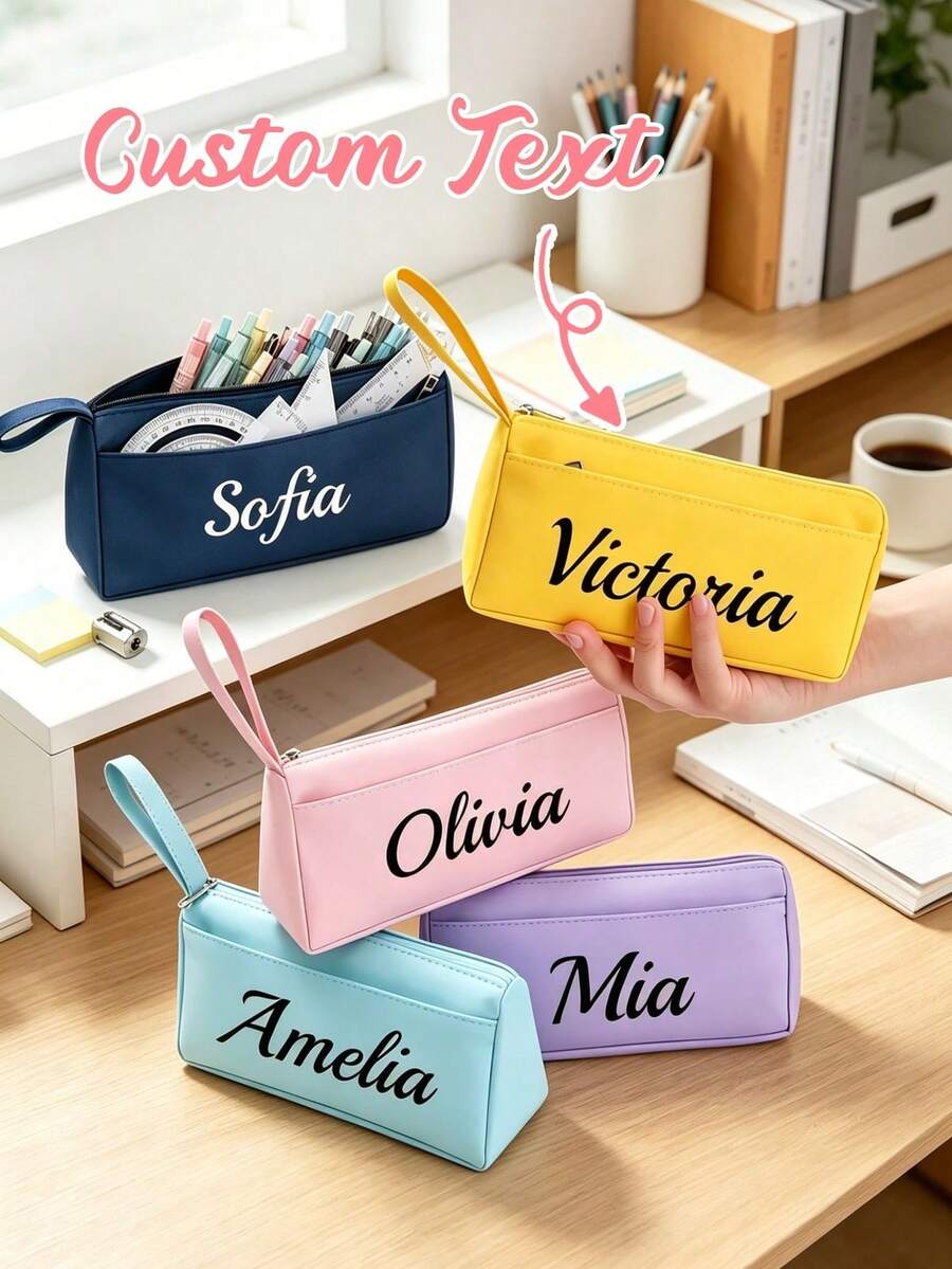 Estuche de lápices de unicolor con nombre personalizado impreso, bolsa de lápices portátil con nombre personalizado, bolsa de papelería de varios compartimentos de color macaron, adecuada para estudiantes para uso diario de vuelta a la escuela