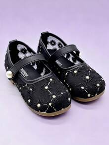 Girls Black Mesh Floral Embroidery Mary Jane Flats, Pearl Hook And Loop Non Slip Soft Sole Shoes, Wedding Party Princess Shoes For Girls Ages 3-10 - Black - View 5