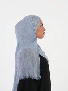 1pc Tie-Dye Arabic Hijab, Thin Solid Color Lightweight Casual Long Scarf, Suitable For Daily Use, Riffled Hijab - Baby Blue - View 2