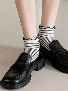 6 pares de calcetines cómodos y lindos a rayas y cuadros, calcetines dulces con borde de volantes para mujer, adecuados para uso diario - Multicolor - Ver 4