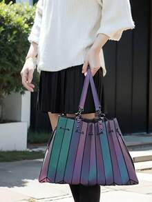 Large Capacity Shoulder Bag, Holographic Tote Bag, Drawstring Closure, Glow-In-The-Dark Geometric Handbag, Color-Changing Under Different Lighting, Foldable - Dusty Blue - View 5