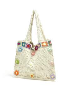 Dedoo Bolso de hombro bohemio de moda multicolor, diseño de ganchillo con patrón de tortuga marina, bolso de gran capacidad con apertura superior, material de poliéster beige con sensación v - Albaricoque - Ver 6