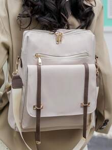 Women's Nylon Solid Color Quilted Large Capacity Versatile Backpack, Simple Casual Student Backpack, Storage Travel Bag, Commuter Bag - Beige - View 6