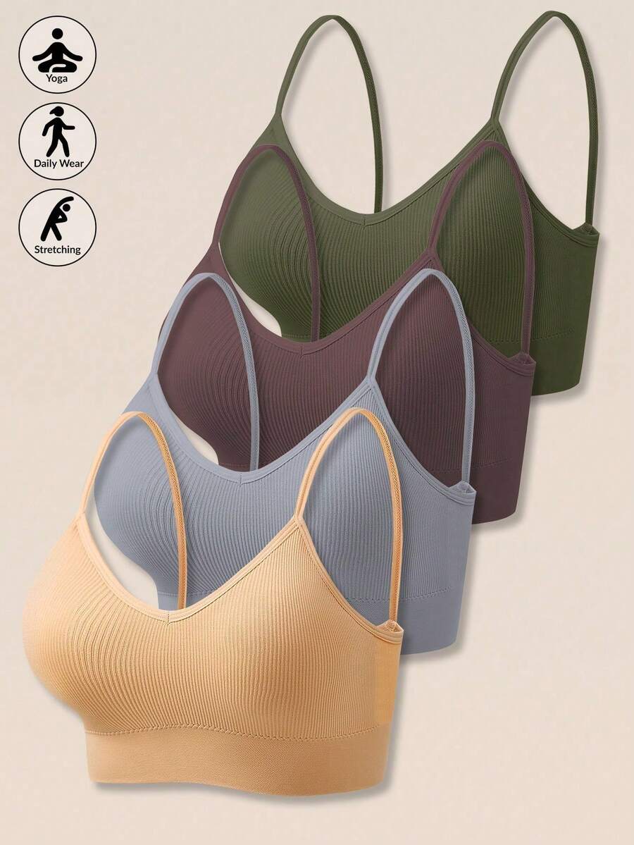 Set Of 4 Women's Seamless Striped Bras, Strappy Back, Wireless, Sexy And Comfortable Padded Underwear - 綠色 - 查看 1