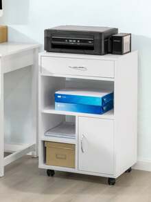 SoBuy FBT106-W Druckertisch mit Schublade und Tür Aktenschrank Rollcontainer mit Fächern Bürowagen Beistellwagen Bürocontainer weiß BHT ca: 50x75x40cm - Weiss - Übersicht 2
