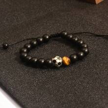 1pc Men's Football Beaded Bracelet, Black Matte Tiger Eye Stone Bracelet, Black Matte Beaded Football Theme Bracelet With Tiger Eye Stone Accents, Simple Adjustable Braided Rope Design, Personalized Versatile Sports Style Accessory - Multicolor - View 3