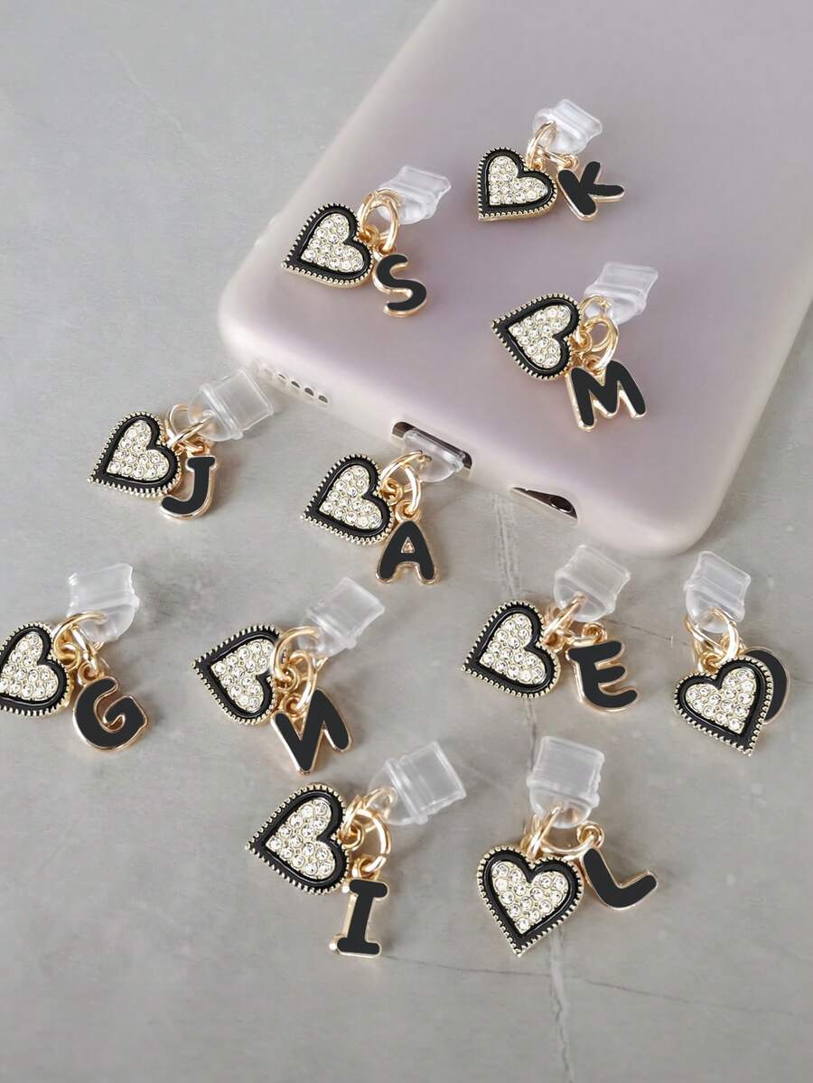 Shiny Diamond Heart Letter Type-C Port Dust Plug, Soft Silicone Dust Protection Cover, Suitable For E-Readers, Phones, Tablets, Laptops, Cute Tech Accessory - Black - View 1