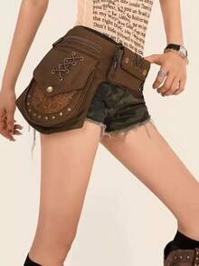 Retro Western Style Multi-Functional Waist Bag Belt, Dystopian Y2K Punk Rivet Wide Waist Cincher - Coffee Brown - View 1