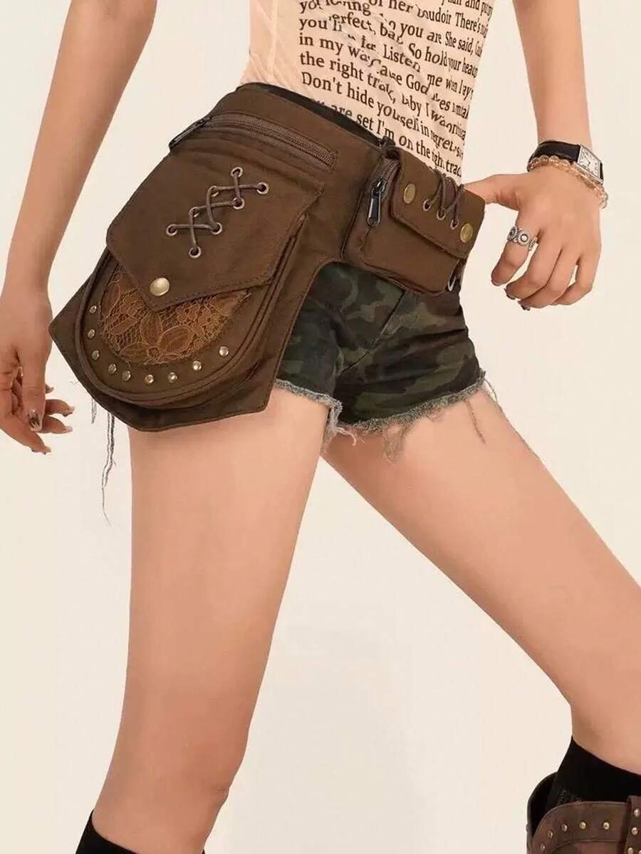 Retro Western Style Multi-Functional Waist Bag Belt, Dystopian Y2K Punk Rivet Wide Waist Cincher - Coffee Brown - View 1