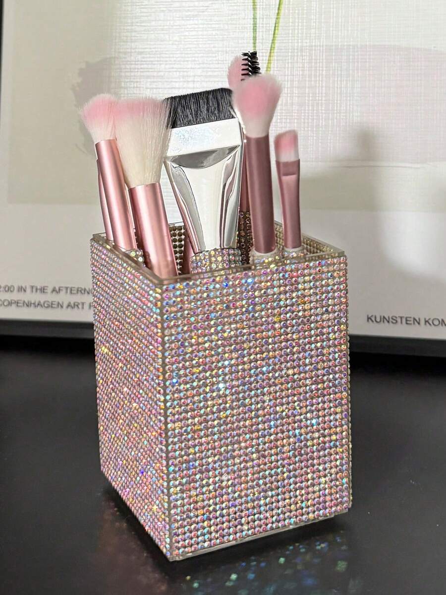 1pc Rhinestone Decorated Square Makeup Brush Holder, Large Capacity, Colorful Rhinestone Inlaid Surface, Luxurious Sparkling Style, Full Rhinestone Pattern, Square Column Shape, Neat Edge Details, Makeup Tool Container, Suitable For Bedroom Vanity, Makeup Room Tabletop And Other Scenes
