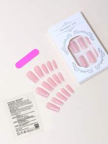 24pcs Elegant Coffin Shaped White French False Nails + 1pc Nail File + 1pc Jelly Glue Press On Nails Nail Supplies - Pink - View 2