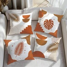 4 pièces Housses de coussin orange et marron avec motif de feuilles botaniques géométriques, imprimées sur un seul côté en velours de peau de pêche doux pour la peau, housses de coussin 45*45CM convenant pour la décoration intérieure, la décoration de fête, les housses de coussin décoratives en cadeau - Multicolore - Voir 5