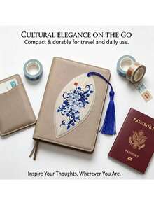 1pc Blue And White Porcelain Style Leaf Vein Bookmark With Tassel, Chinese Ink Art Peony And Peacock Pattern, Handmade Natural Leaf Bookmark, Ideal Gift For Readers And Students - View 2