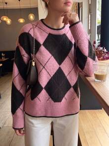 Sweater Pullover Rajut Argyle Colorblock Wanita, Bahu Jatuh, Lengan Panjang, Potongan Longgar, Lembut & Nyaman, Serbaguna - Berwarna merah muda - View 3