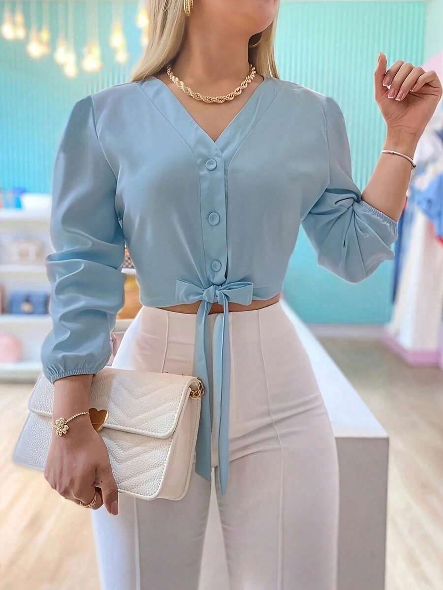 Elegant And Versatile Blouse With A Solid-Color Front Knot, Perfect For Everyday Casual Wear, At Home, For Work And Dates, Spring - Blue - View 1