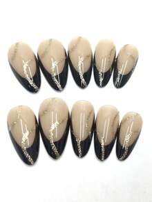 24 piezas Juego de manicura francesa con diseño dual de corazón dorado 3D y espada, con elementos dorados 3D del sol, uñas de almendra negras y burdeos, adecuado para el Día de San Valentín, Navidad, puede usarse como regalo festivo o para fiestas, incluye gel de gelatina y lima de uñas - Negro - Ver 2
