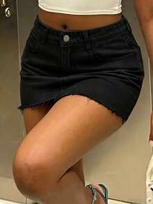 歐美街頭 Y2K 春夏新款極簡休閒水洗牛仔裙 女款 黑色 - 黑色 - 查看 5