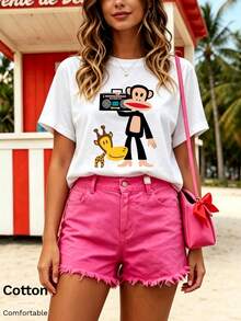 Paul Frank Women's Summer Short-Sleeved T-Shirt, Featuring A Cartoon 'Big Mouth Monkey' And Giraffe Design; Soft, Drapey And Breathable Women's Short-Sleeved Top - White - View 2