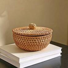 1pc 5.51*3.54 Inch Woven Drum-Shaped Storage Box With Lid, Japanese Style Bedroom Bedside Desk Mini Trash Can With Lid, Household Living Room Tea Table Woven Remote Control, Tea Canister, Nut Storage Basket - View 6
