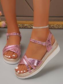 Women's Wedge Platform Sandals, Solid Color Beach Buckle Comfortable Height-Increasing Thick Sole Open Toe Sandals For Summer - Mauve Purple - View 5