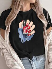 Women's Short And Round Neck Top - Cartoon Print With Nail Polish, Loose Fit For Spring And Summer, Machine Washable, Non-See-Through Fabric, Suitable For Daily Wear - Light Grey - View 6