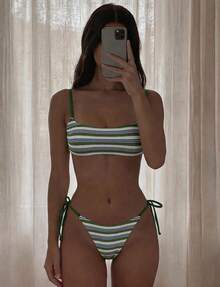 綠白藍條紋方領兩件式比基尼套裝，性感優雅女款夏季休閒海灘度假泳池派對時尚泳衣 - 彩色 - 查看 4