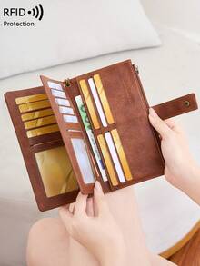 CHARM INFINITE New RFID Anti-Theft Vintage Women's Wallet, Colorblock Buckle Double Zipper Multifunctional Clutch, Multi-Card Slot Trifold Long Wallet With Wrist Strap - White - View 8