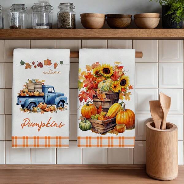2PCS Kitchen Towels Autumn Farmhouse Pumpkin Truck Print Soft Microfiber Kitchen Towels, 40*60cm Rectangular Dishcloth, Table Cloth, Hand Towel, Kitchen Decor, Home Decor, Neighbor Housewarming Gift, Kitchen Napkins And Dishcloths, Kitchen Bath Home Essentials