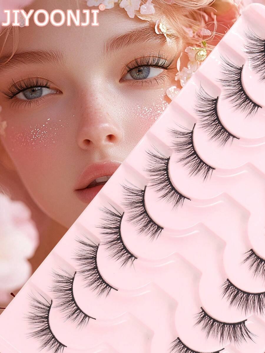 10對半眼假睫毛 3D蓬鬆 柔軟輕盈 適合初學者 易使用 適合日常約會 自然妝容 附膠水 - 黑色 - 查看 1